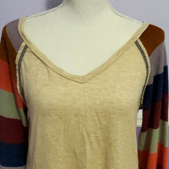 Twenty Ten Boho Trendy Tan & Striped Balloon Sleeves Flowy Waffle Sweater Top - Picture 2 of 9